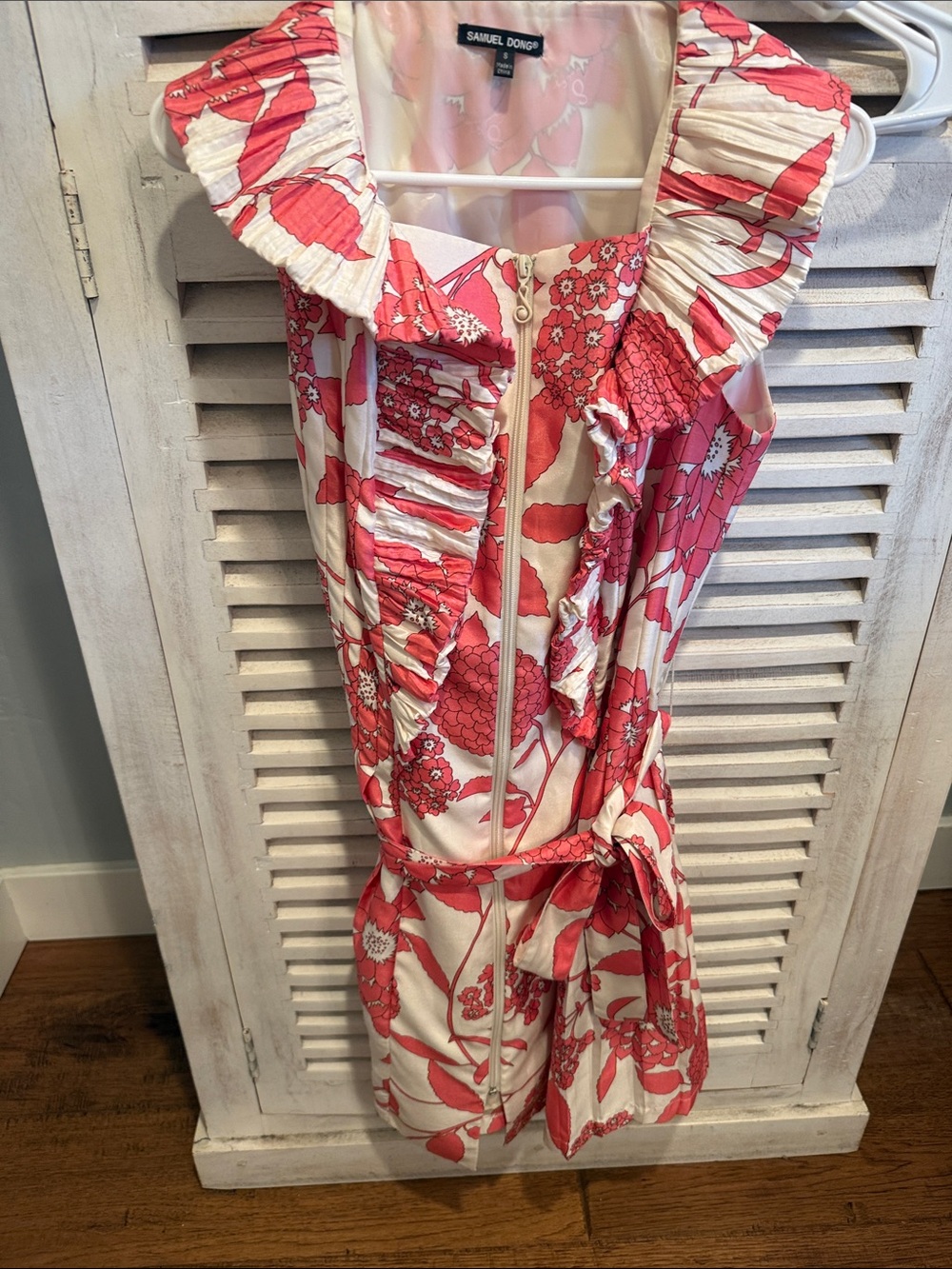 Samuel Dong Coral Pink & Cream Floral Ruffle Dress with Belt